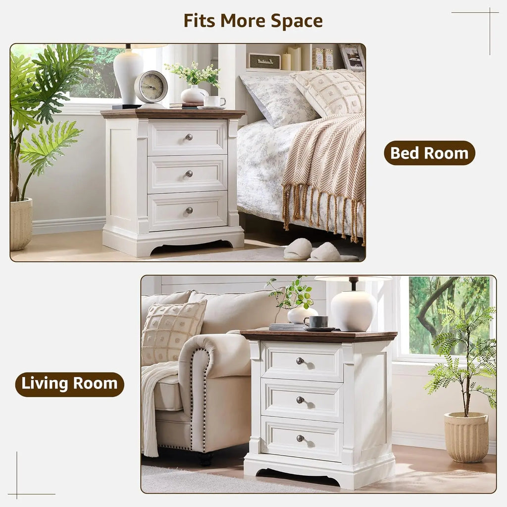 Farmhouse Wood 26" Tall Nightstand with Charging Station, 23.6"  3 Drawers Storage