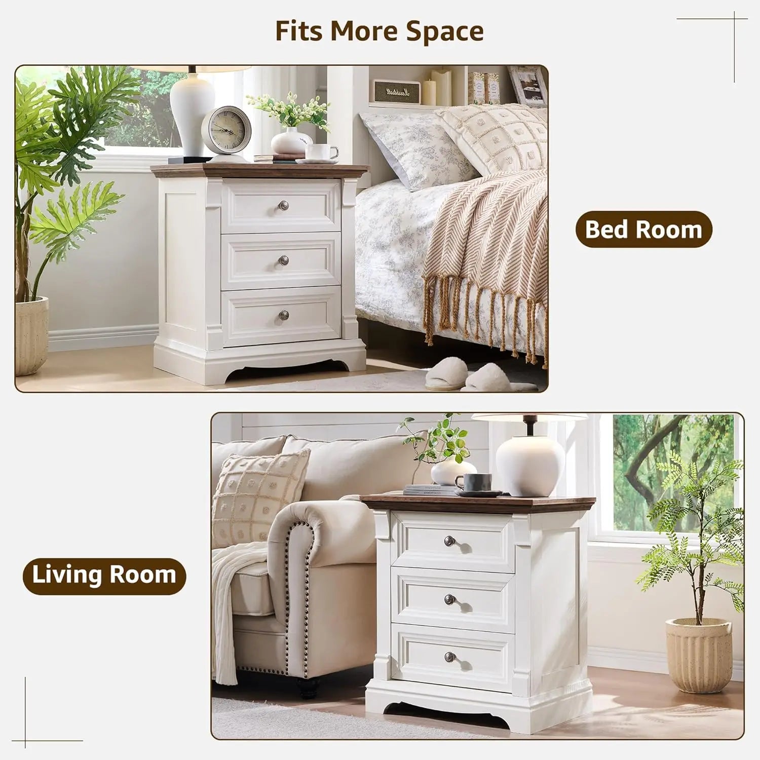Farmhouse Wood 26" Tall Nightstand with Charging Station, 23.6"  3 Drawers Storage