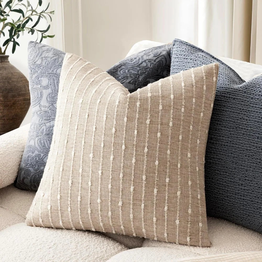 Set of 2 Boho Striped Throw Pillow Covers 20x20 Inch Textured Boucle Cushion