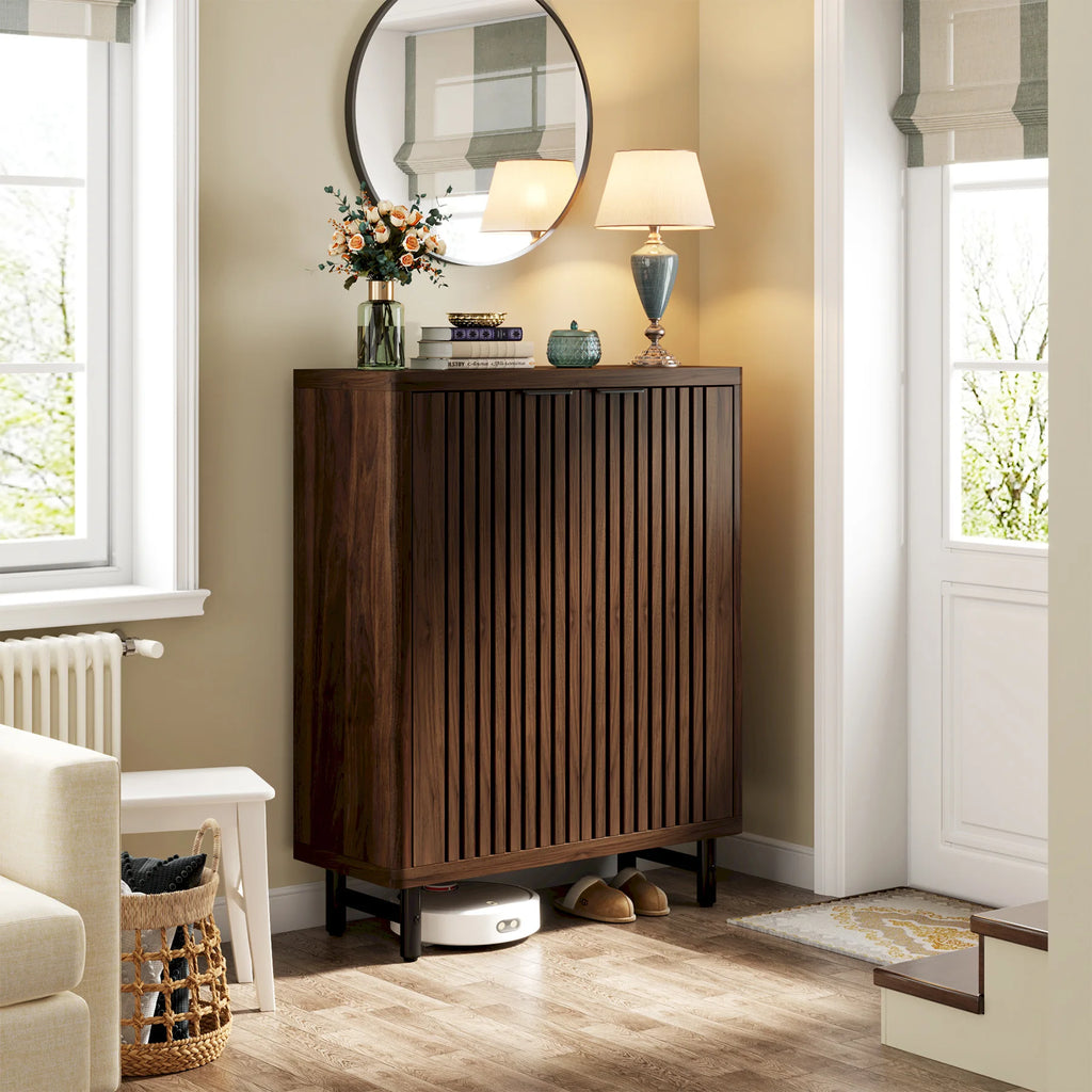 6-Tier Shoe Cabinet with Louvered Doors, Large Wooden Shoe Storage Cabinet with Adjustable Shelves