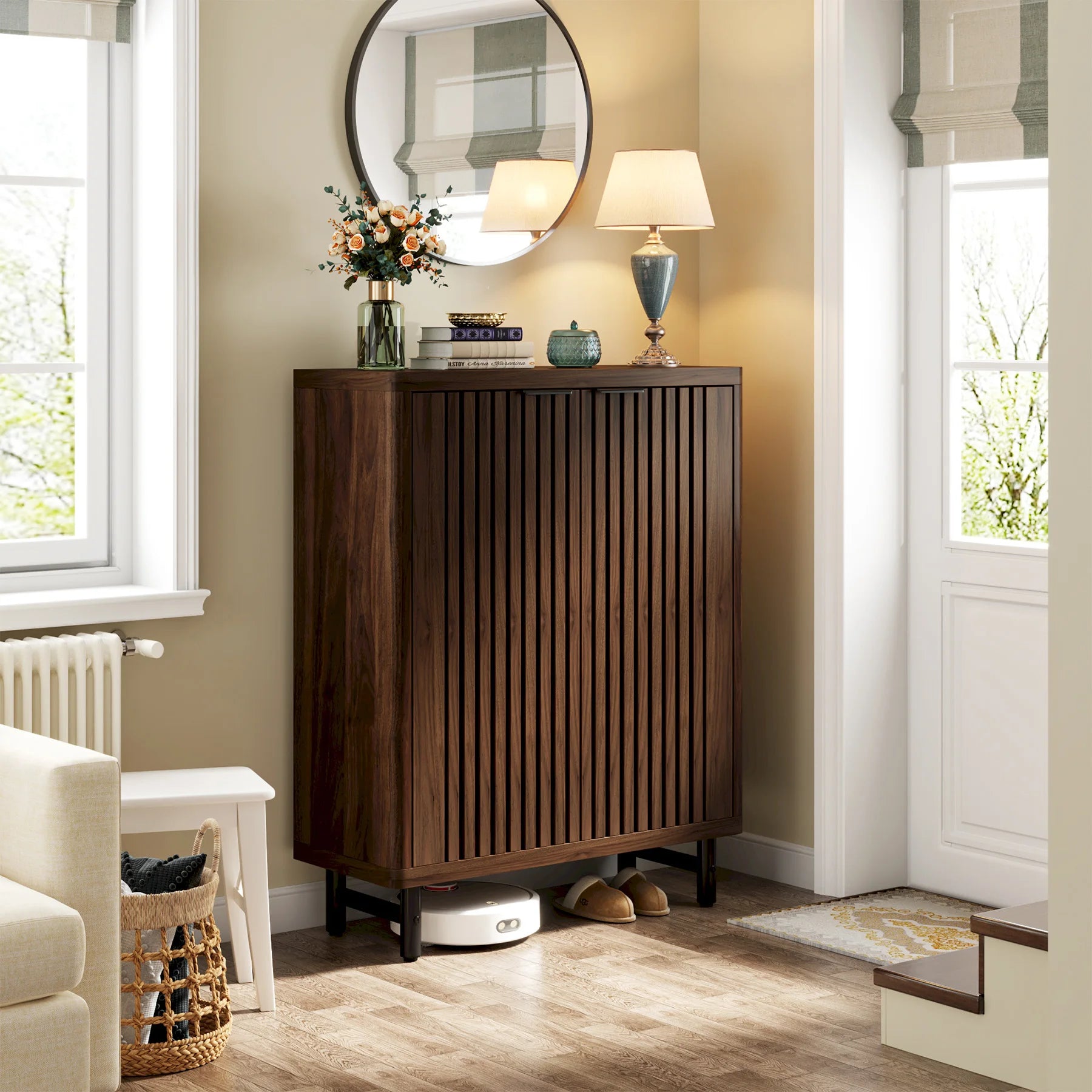 6-Tier Shoe Cabinet with Louvered Doors, Large Wooden Shoe Storage Cabinet with Adjustable Shelves
