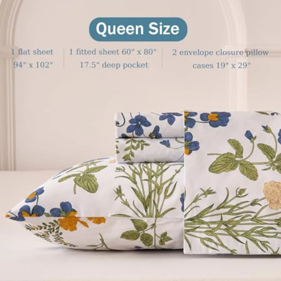 Yellow/blue Floral Bed Sheets Set Size 100% Percale Cotton