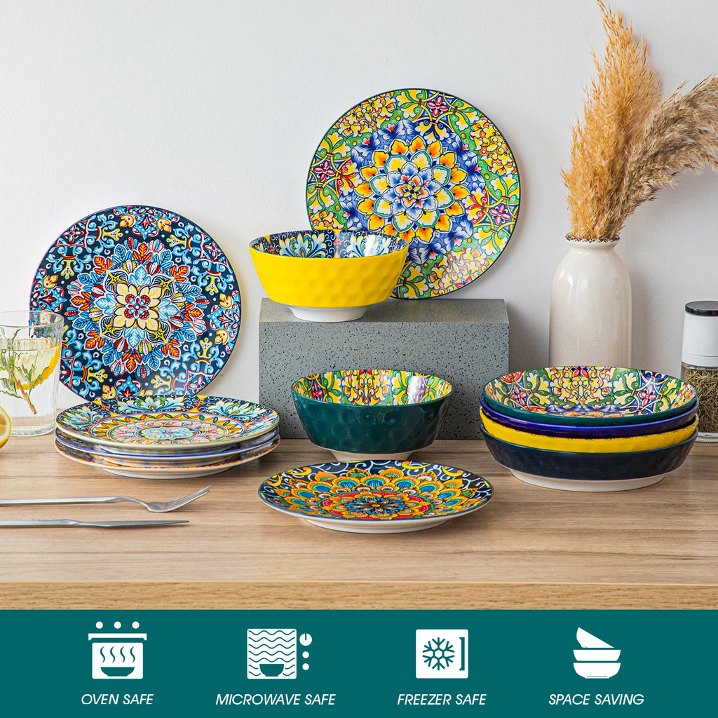 24 PCS Ceramic Dinnerware Set Porcelain Bohemian Style Dinner/Dessert Plate/Cereal/Pasta Bowl For 6