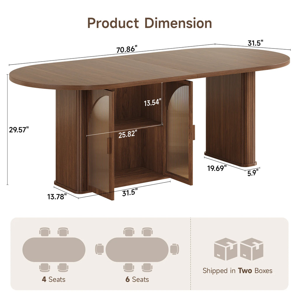 Walnut 70 Inch Oval Dining Table for 6-8 People,  with 2-Tier Storage Space, Wood Center LED Light, Dinner Table with Heavy Duty Legs