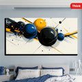 Modern, abstract wall art decoration, blue and yellow spheres  1.5 inch thick pine solid wood frame