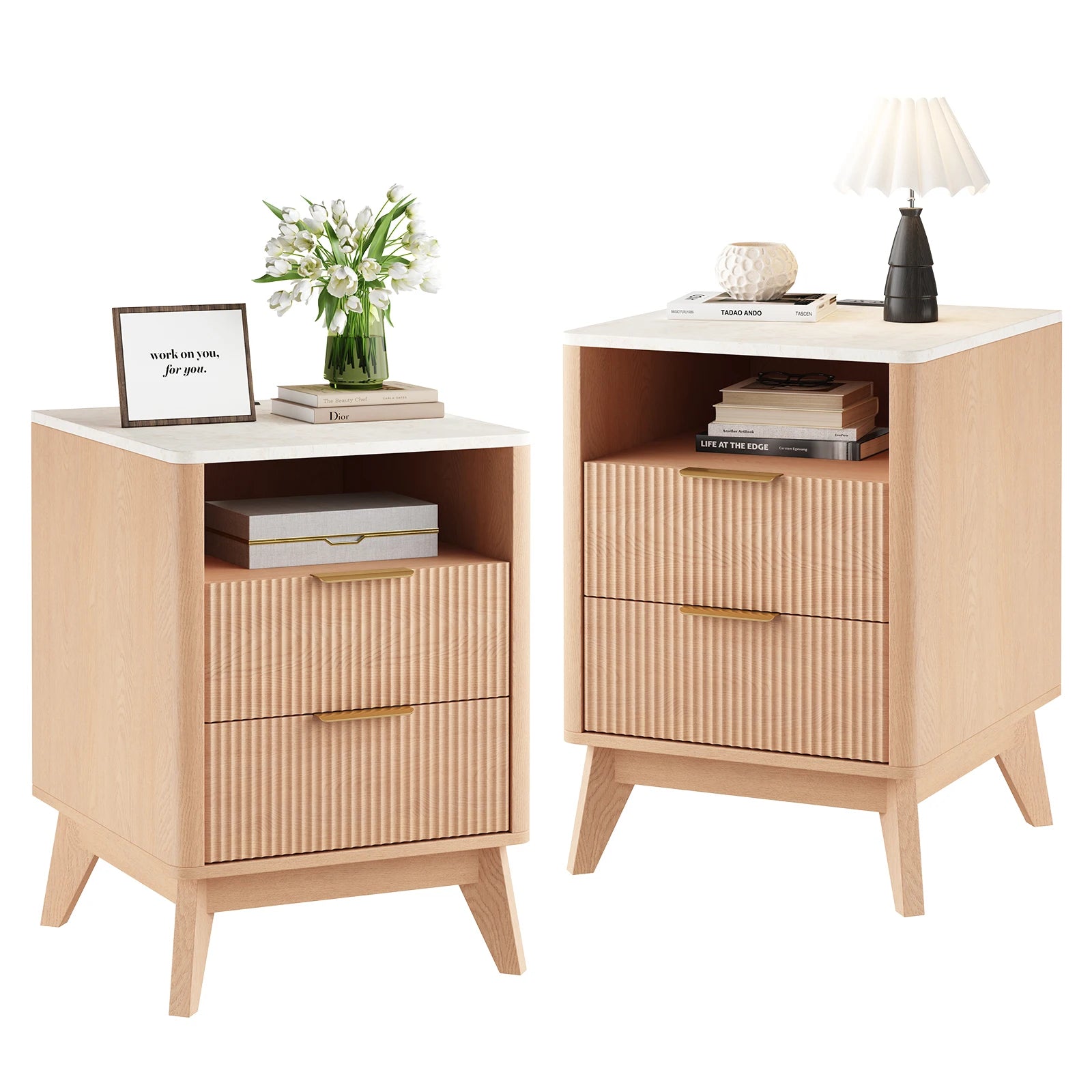 18IN 2 Drawers Wooden Nightstand with Charging Station Bedside Table with with Faux Marble Top Mid-Century Modern