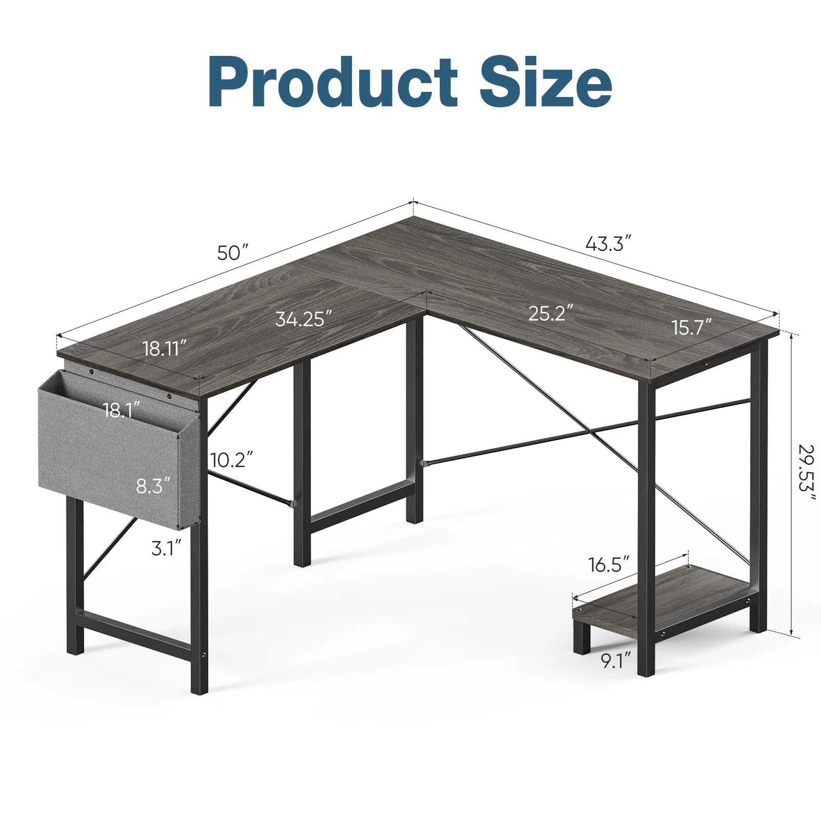 Corner 50 Inch Office Writing PC Wooden Table with CPU Storage Shelf & Side Bag Multi-use