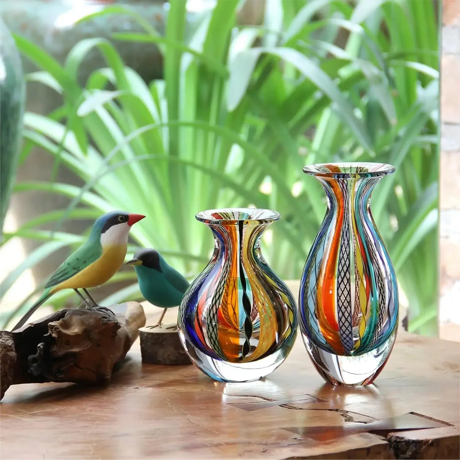 Pair Small Glass Vases Hand Blown Murano Style Art Glass Colored Canes Boho