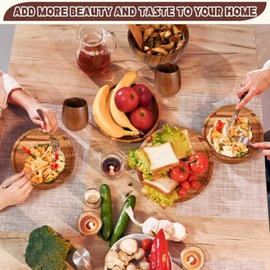 16 Pcs Acacia Wood Dinnerware Set Round Wooden Plates Solid Wooden Bowls and Cups