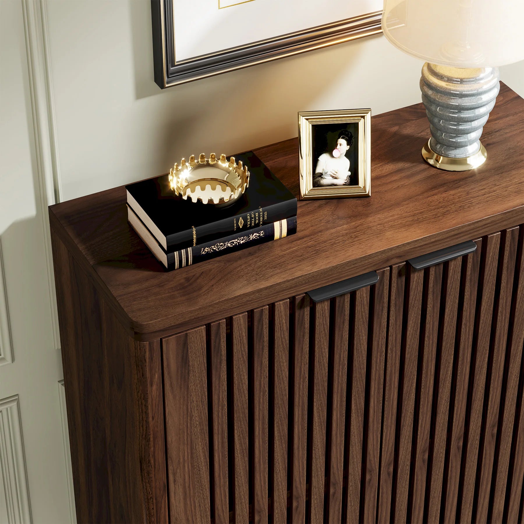 6-Tier Shoe Cabinet with Louvered Doors, Large Wooden Shoe Storage Cabinet with Adjustable Shelves