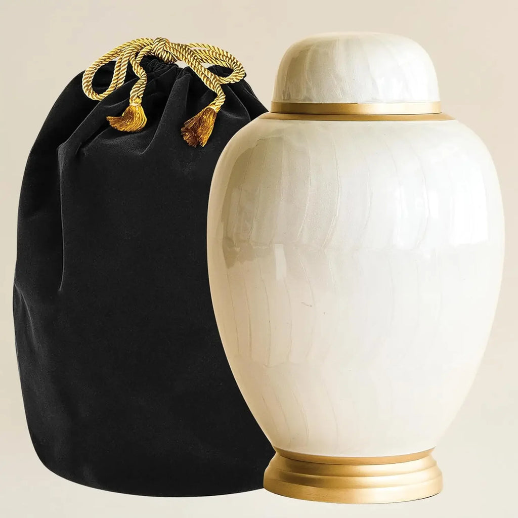 Aspen Studio Handcrafted White Pearl Cremation Urn in Oval Shape for Human Ashes Handcrafted