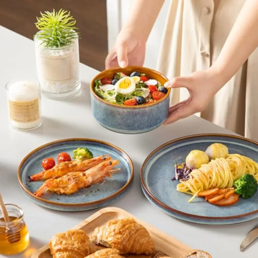 12 Pieces Stoneware Plates and Bowls Sets for 4, Reactive Glaze Dishes Set for Kitchen, Dishwash