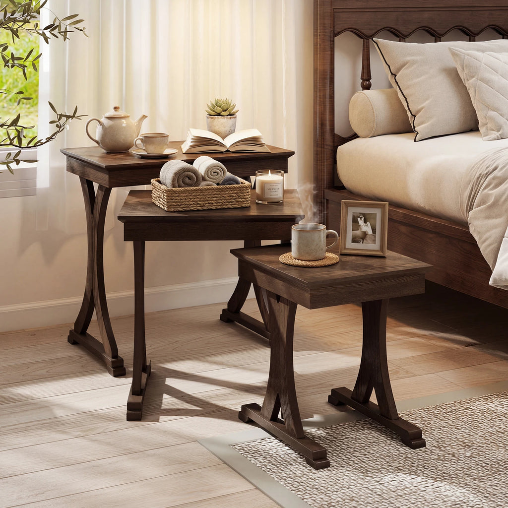 3PCS Nesting Table, Side Table w/ Solid Rubber Wood Legs