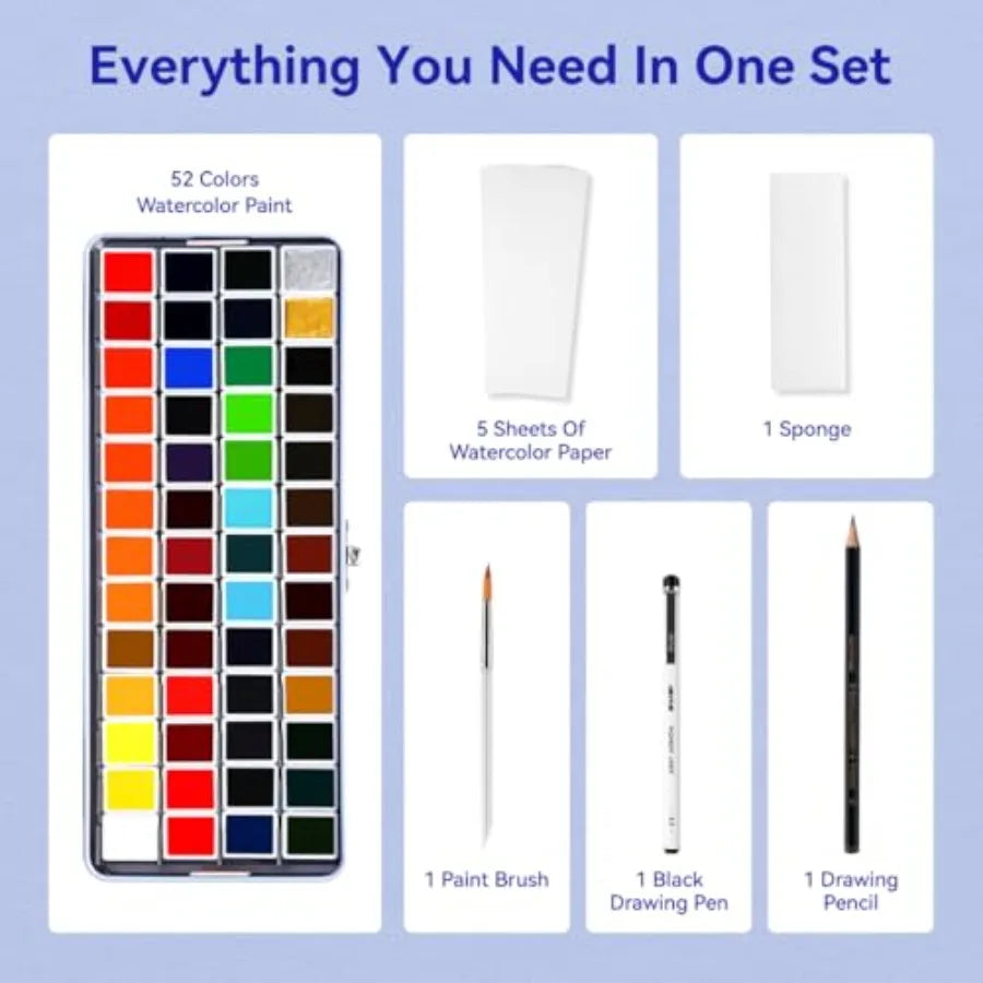 52 Vibrant Colors Watercolor Paint Set for Adults Metallic Shades, Includes Brush, Pencil, Sponge