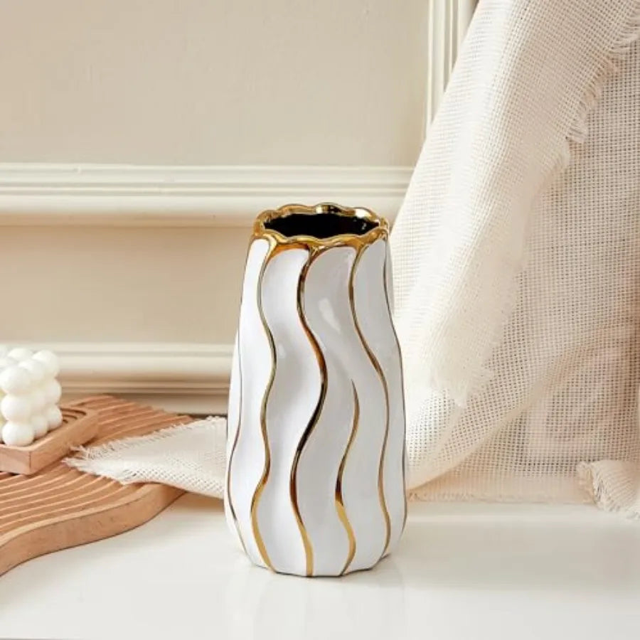 White Vertical Stripe Ceramic Vase for Home Decor