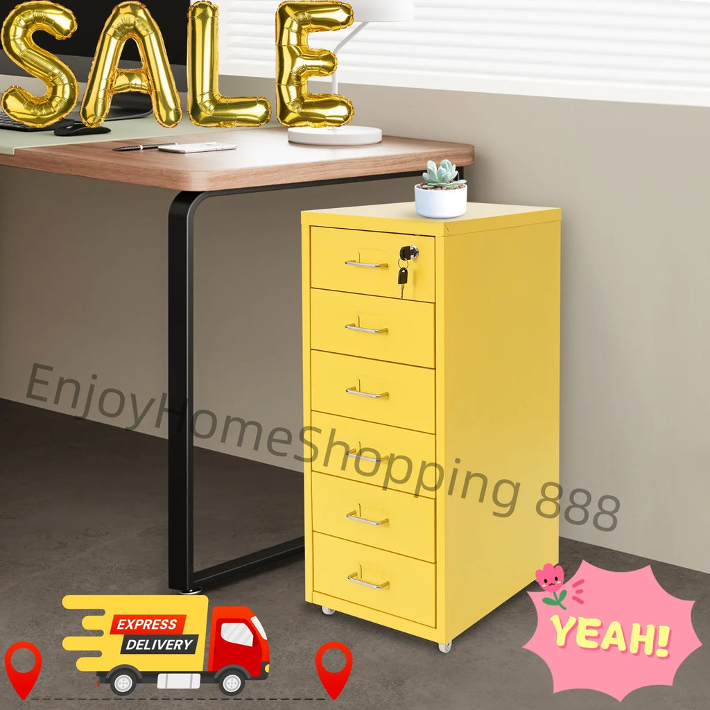 6 Layer File Cabinet Metal Filing Cabinet Yellow Vertical File Cabinet With Lock Wheels Mobile Storage
