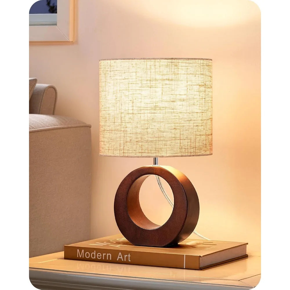 13.4" Small Wood Table Lamp, Modern Bedside with Beige Linen Shade and Switch, E26 Base