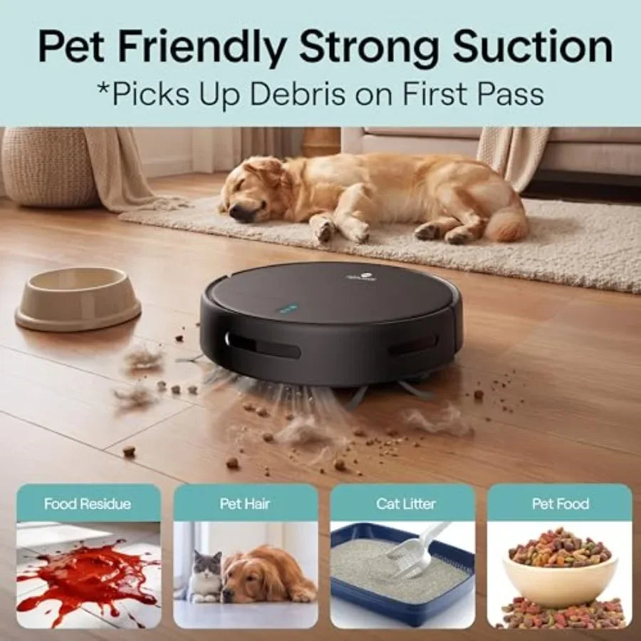 Automatic Robot Vacuum Cleaner and Mop Combo for pet hair and all floor types, black ABS plastic, app control with 3 cleaning modes