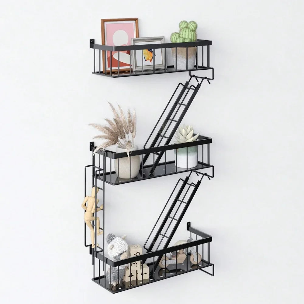 Tier Fire Escape Wall Shelf, Wall Art Ladder Shelf, Black Metal Shelves
