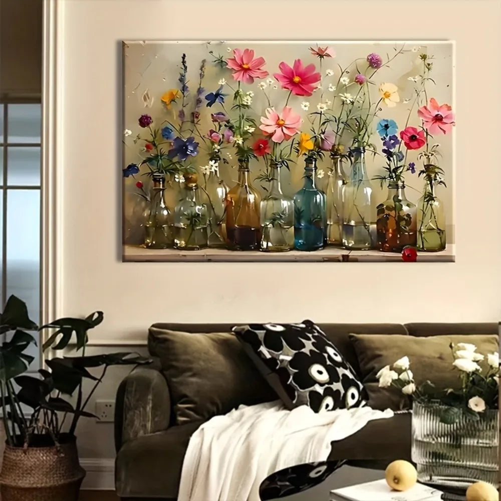Bohemian floral vase canvas wall art with 1.5" solid wood frame