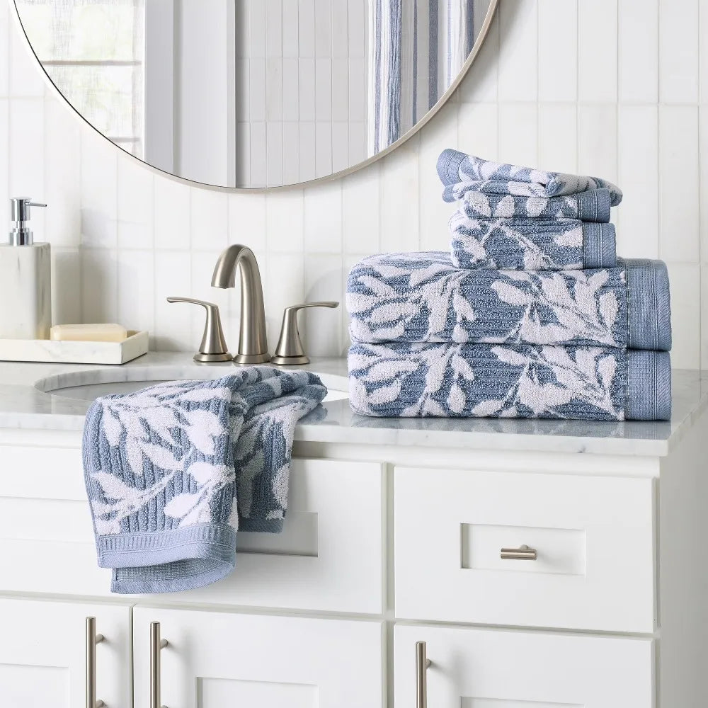 Extra Soft Floral Bath Towel Set Large Quick Dry Bath Sheets Blue Silver and Arctic White Floral Pattern