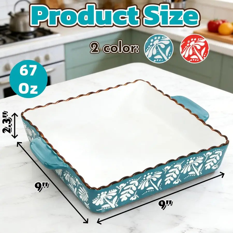 Pack Ceramic Baking Dish, 9 x 9 inch Porcelain Square ,Double Handle, Blue, Red