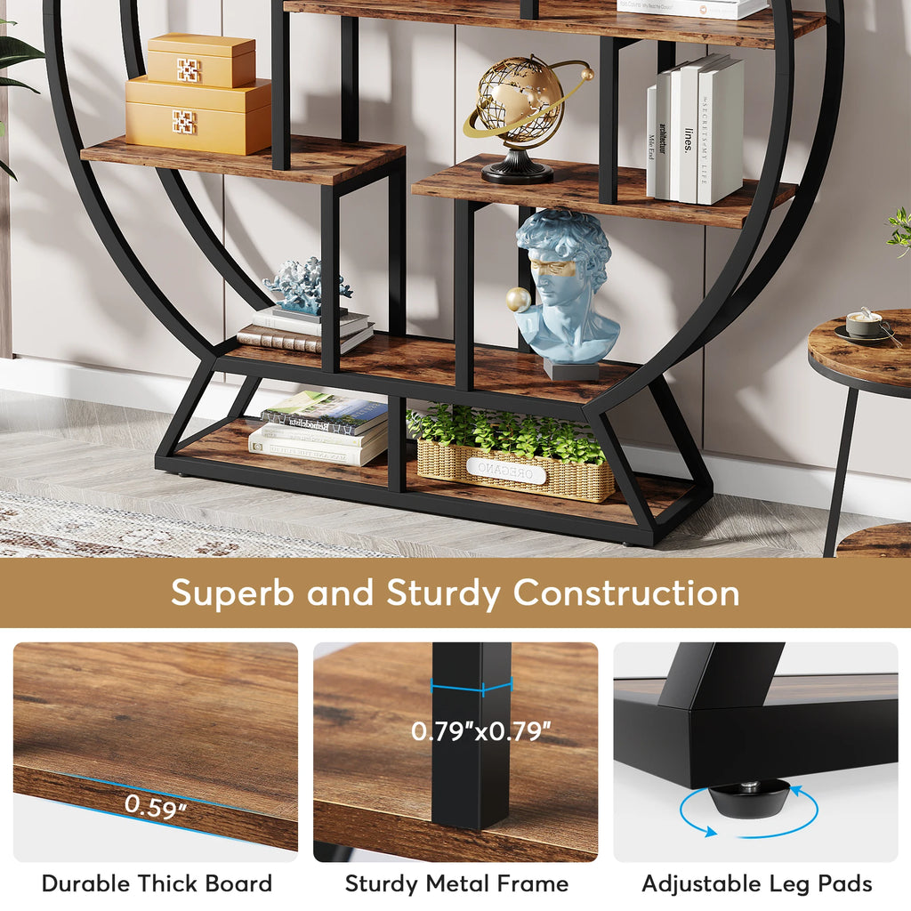 Round Bookshelves Etagere Bookcase, 63-Inch Industrial Wood Book Shelf with Staggered Shelves