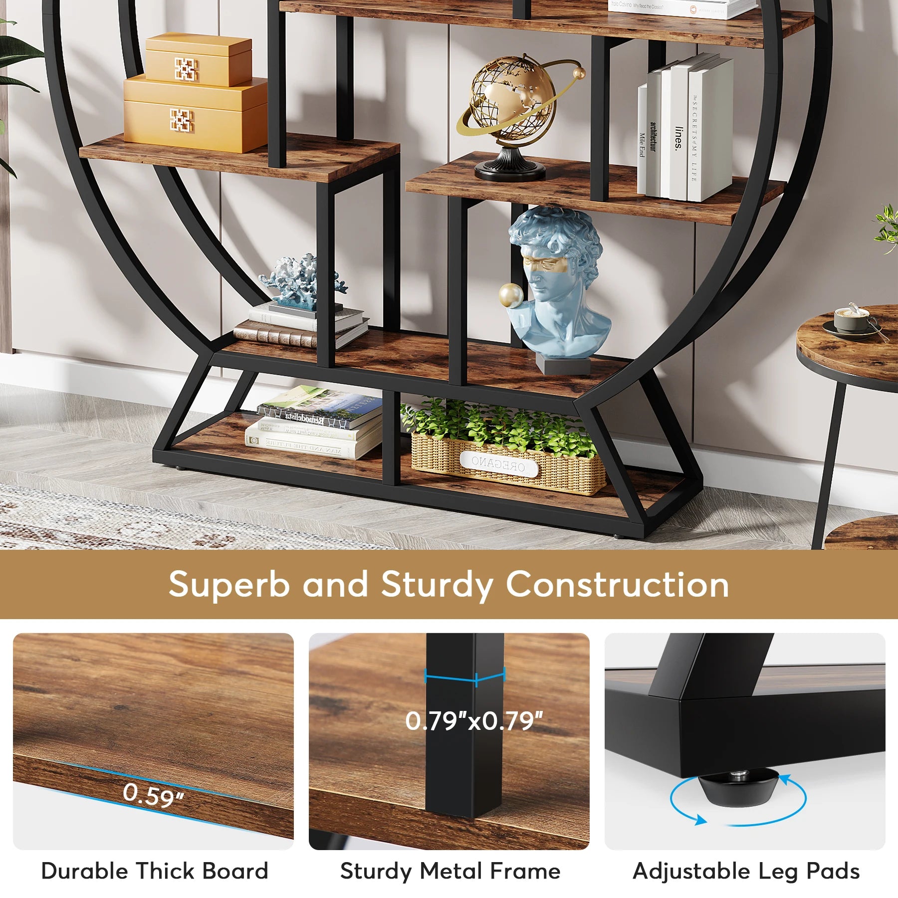 Round Bookshelves Etagere Bookcase, 63-Inch Industrial Wood Book Shelf with Staggered Shelves