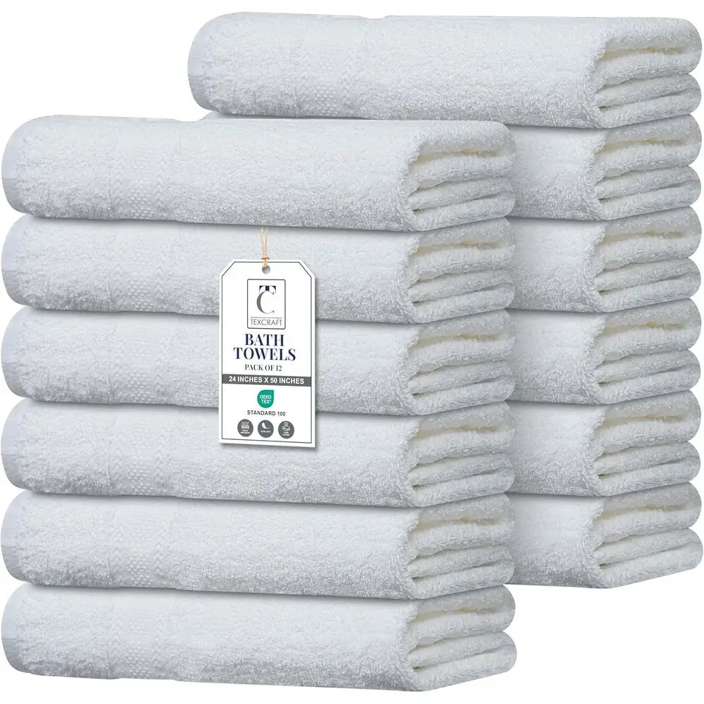 12-Pack Large 100% Cotton Bath Towels 24x50 white