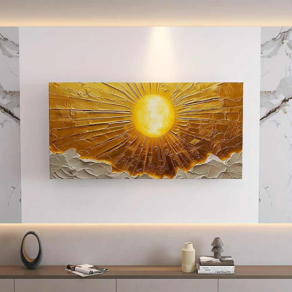 Large abstract sun canvas wall art with 1.5" pine frame