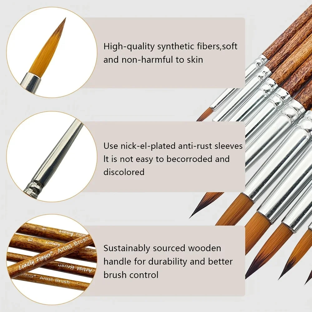 12pcs Premium Artist Synthetic Nylon Paint Brush Set  Round Pointed Tips for Acrylic, Watercolor, Oil & Gouache