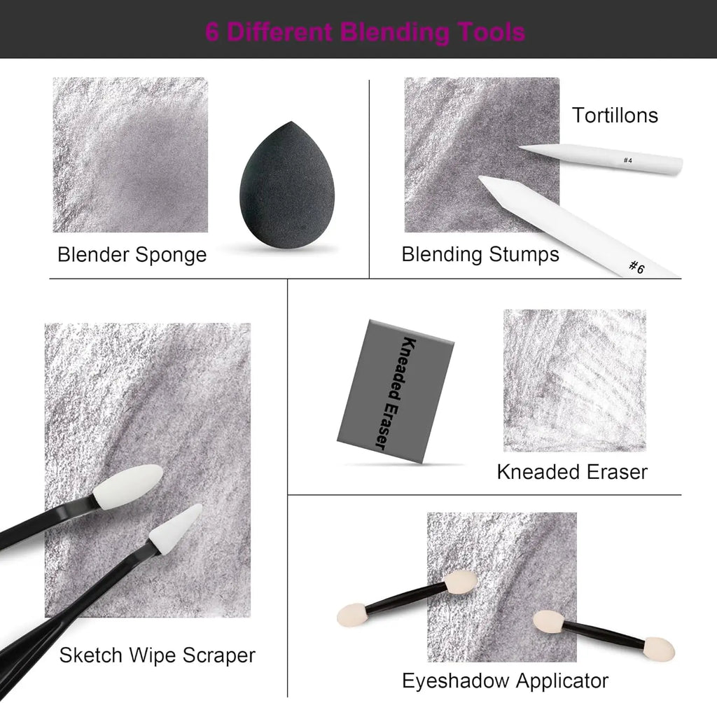 100 Pcs Drawing Set, Graphite, Charcoal & Blending Tools, Portable Case Beginners