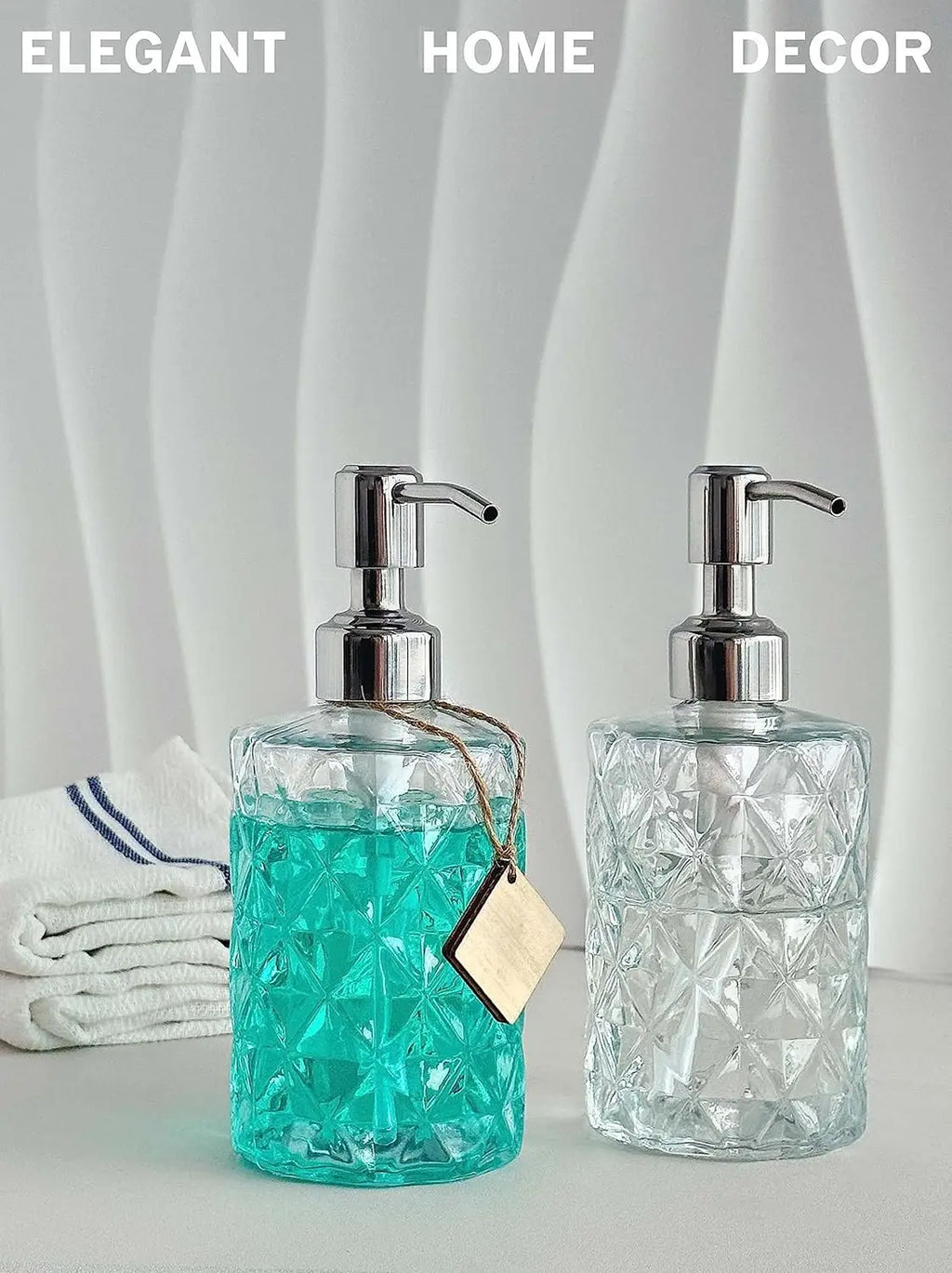 2-Pack Diamond Embossed Glass Soap Dispenser with 304 Stainless Steel Pump, 12 OZ