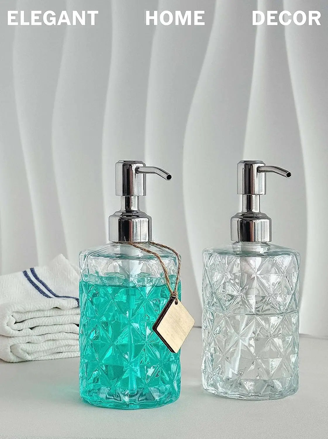 2-Pack Diamond Embossed Glass Soap Dispenser with 304 Stainless Steel Pump, 12 OZ