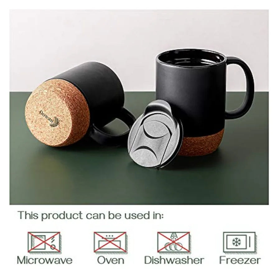 Coffee Mugs, 15 oz Mug Set of 2, Large Ceramic Coffee Mug with Cork Bottom and Spill Proof Lid