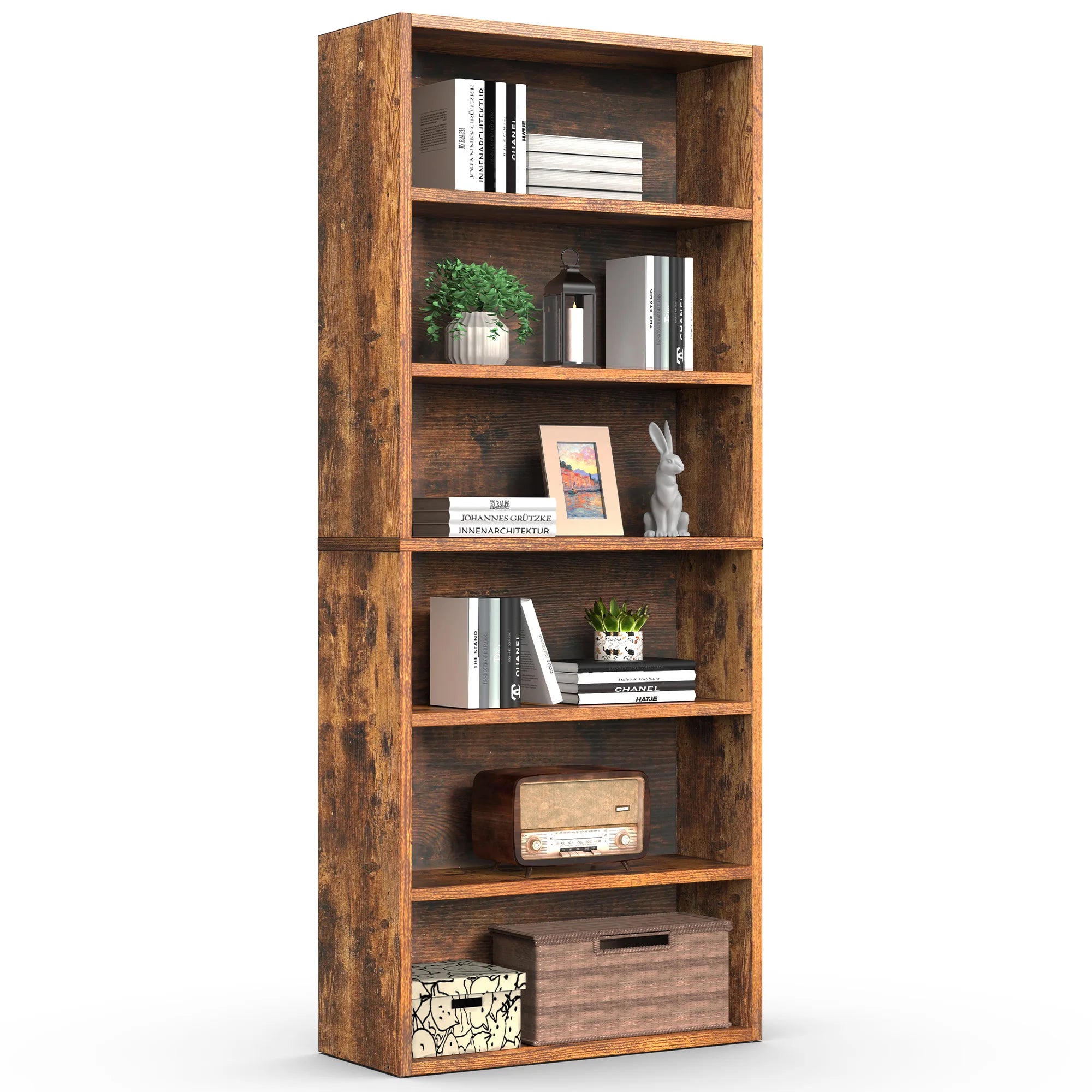 6 Shelf Bookcase Wooden Large 63 Inch Tall Bookcase Standing Open Book Shelf Organizer Adjustable Display