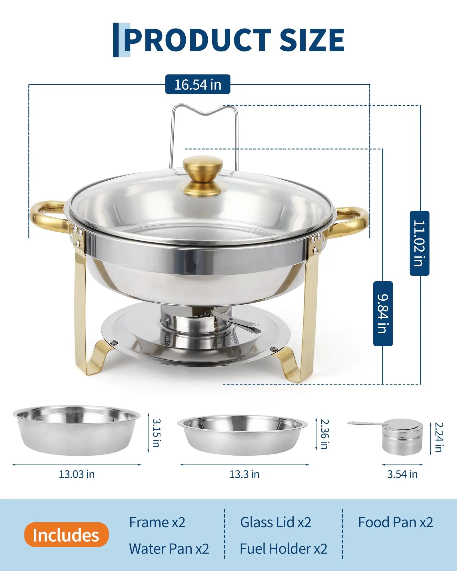 4 Pack Chafing Dishes Set for Buffet, 5 QT Stainless Steel Food Warmers with Glass Lid