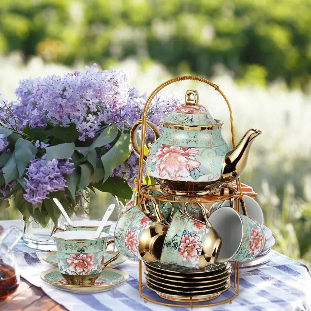 20 Pcs Porcelain Tea Set with Metal Holder and Spoon  European Flower Painting