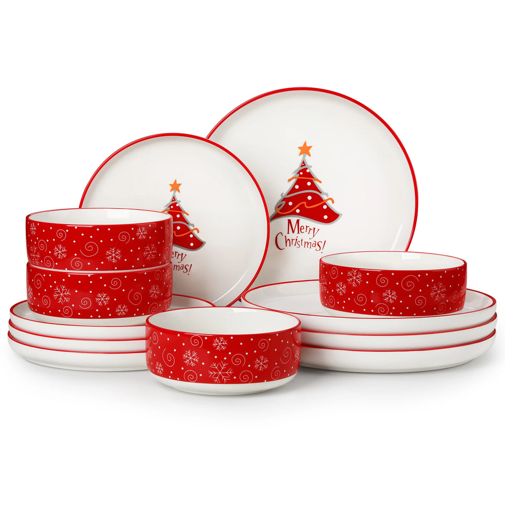 12/30 Piece Ceramic Christmas Dinnerware Set  With 4/6pc Dinner Plate/Dessert/Soup/Bowl/Mug