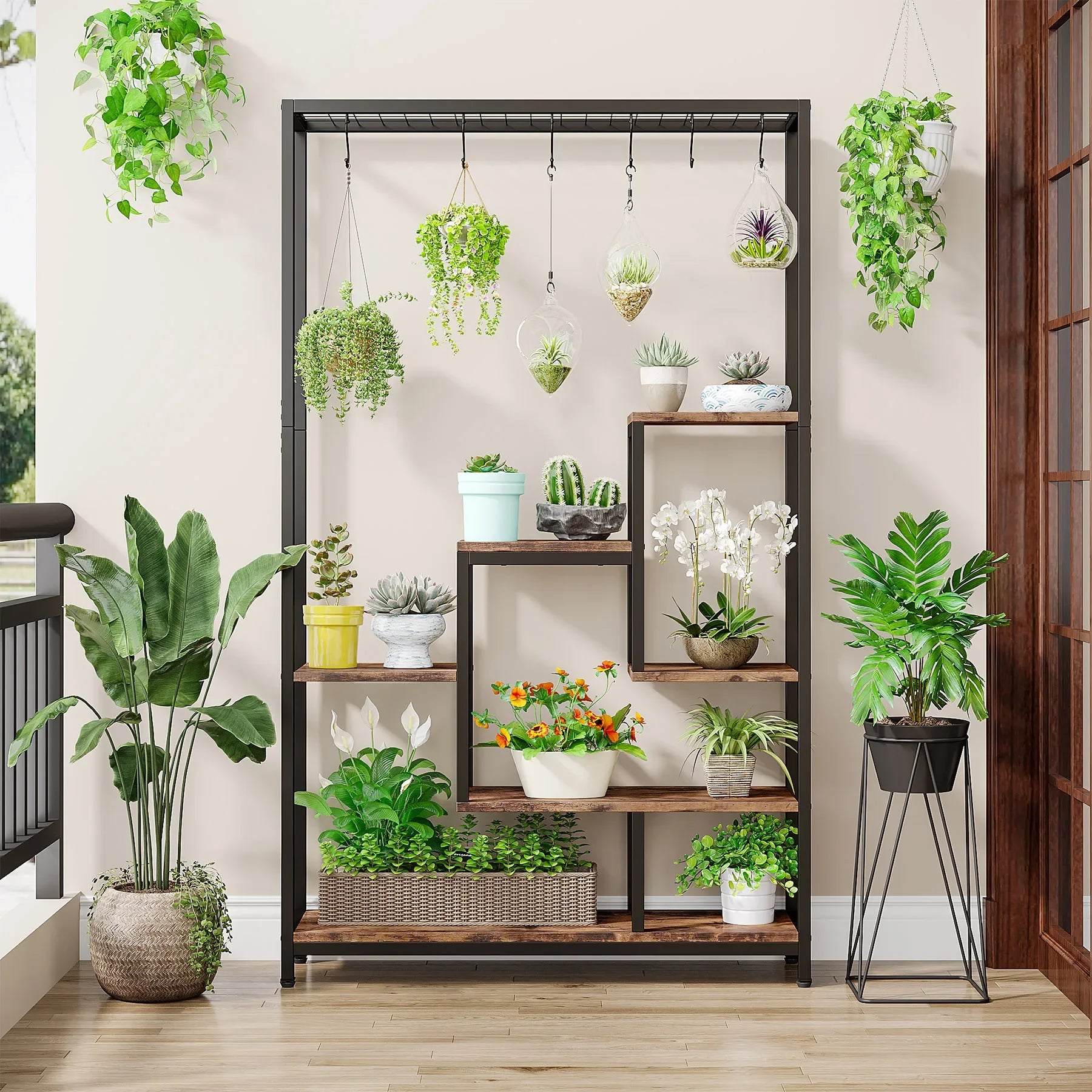 Tribesigns 5 Tiers Tall Indoor Metal Plant Stand 70.9 inches 10 PC S Hanging Hooks for Garden