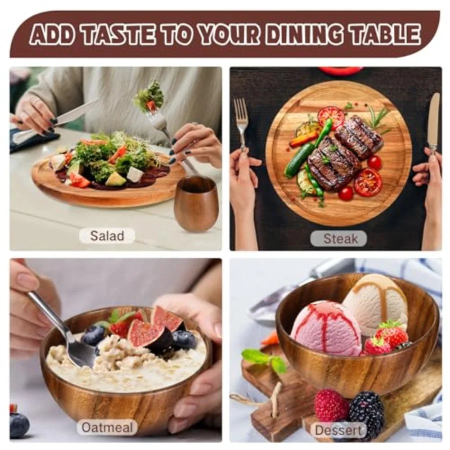 16 Pcs Acacia Wood Dinnerware Set Round Wooden Plates Solid Wooden Bowls and Cups