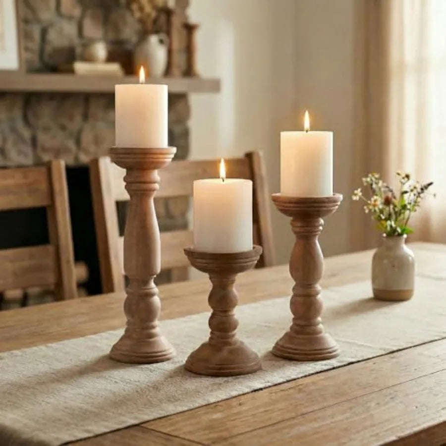 Farmhouse Pillar Rustic Wooden Candle Holders 3 PC 12'' 9'' 6'' Vi
