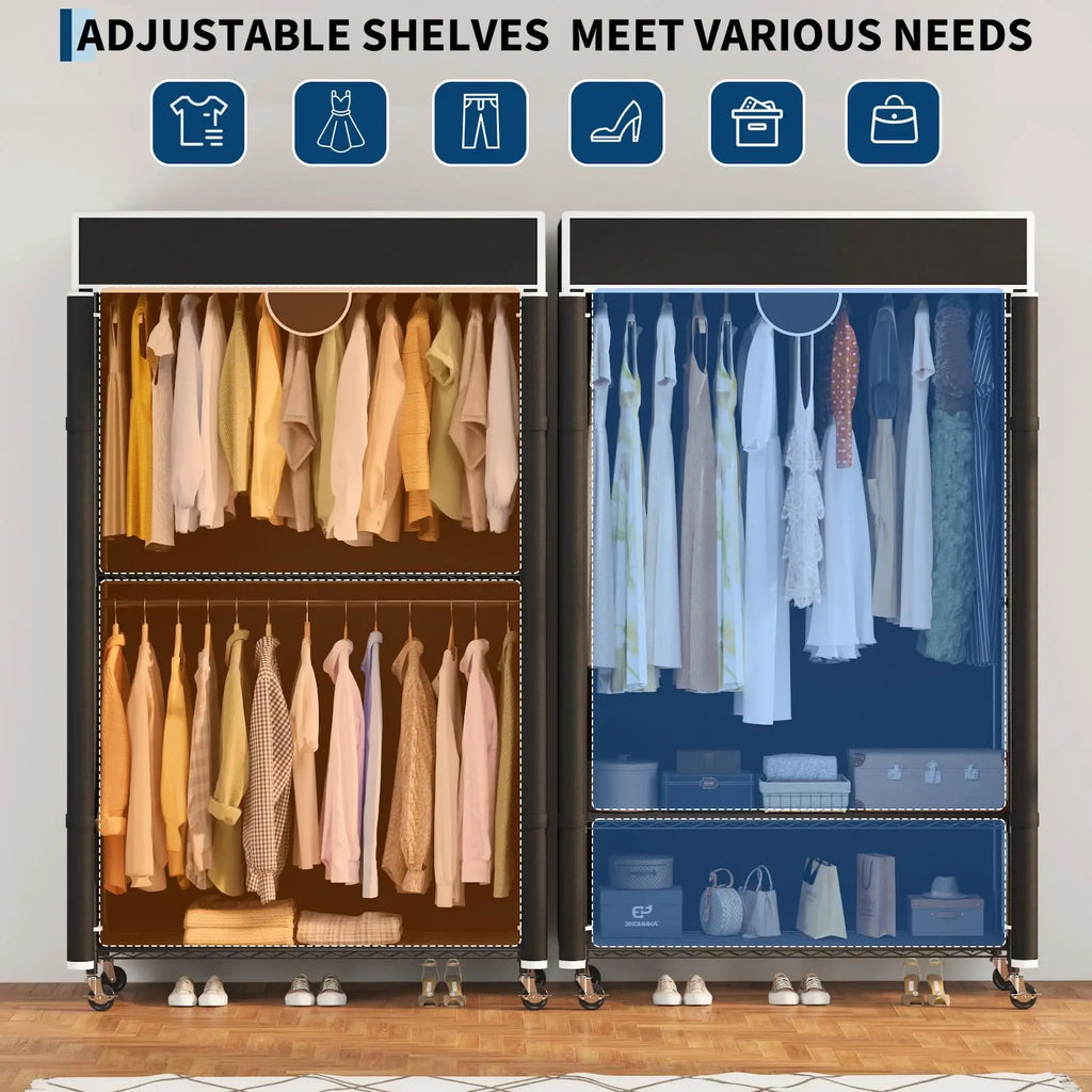 Heavy Duty Clothes Rack with Cover, 485LBS Capacity, Portable Closet Wardrobe on Wheels, Carbon Steel, Dustproof, Tool-Free Assembly