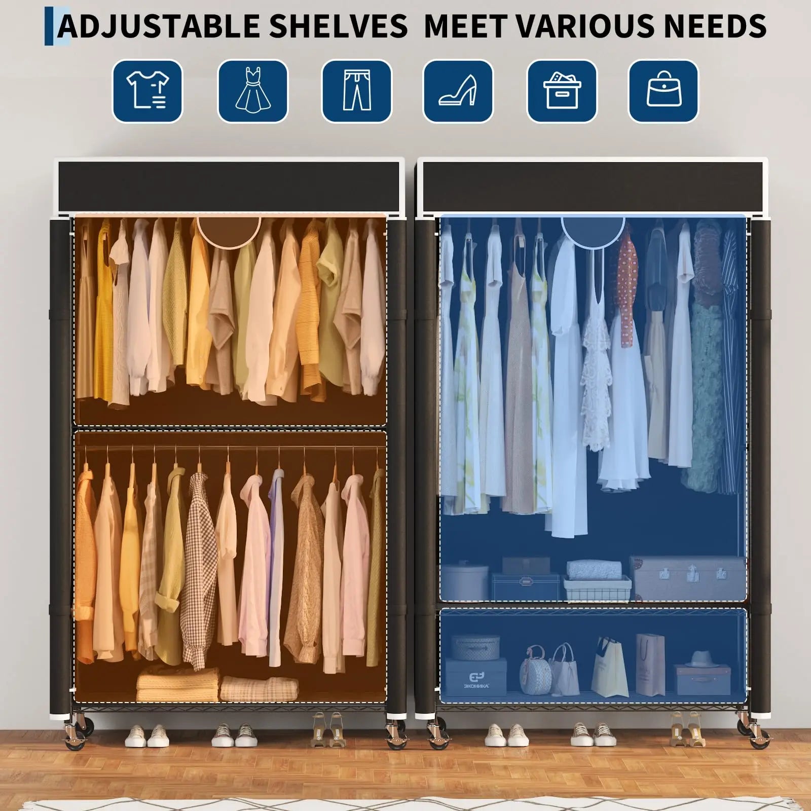 Heavy Duty Clothes Rack with Cover, 485LBS Capacity, Portable Closet Wardrobe on Wheels, Carbon Steel, Dustproof, Tool-Free Assembly