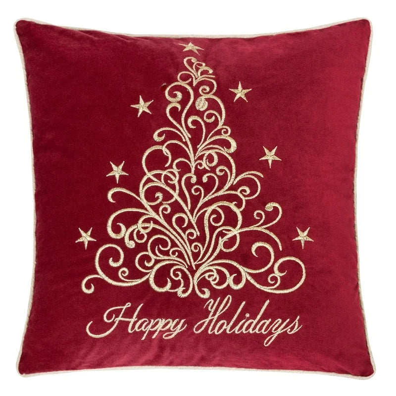 Red Velvet Holiday Throw Pillow 20x20" with Gold Embroidered Festive Design