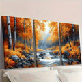 2D Flat, 3pcs Set Vibrant Autumn Forest Canvas Wall Art - Golden-Yellow, Orange, Red, Brown, Green & Golden Leaf Landscape With Misty Mountains, River & Rocks - Wrapped Canvas Prints With Wooden Frame