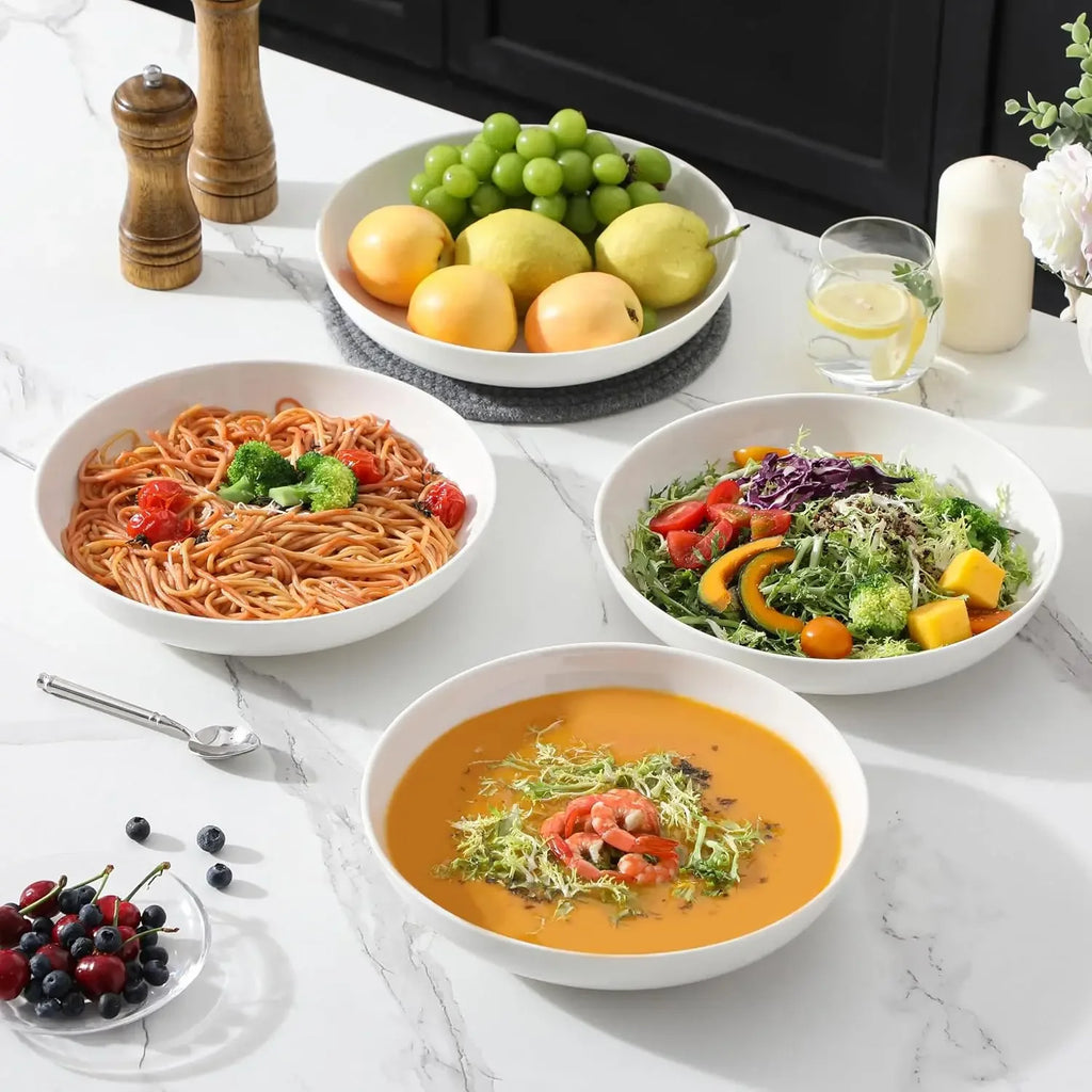 10 Large Pasta Bowls Set of 4, 56 OZ Wide and Shallow , Porcelain White , Microwave & Dishwasher Safe,
