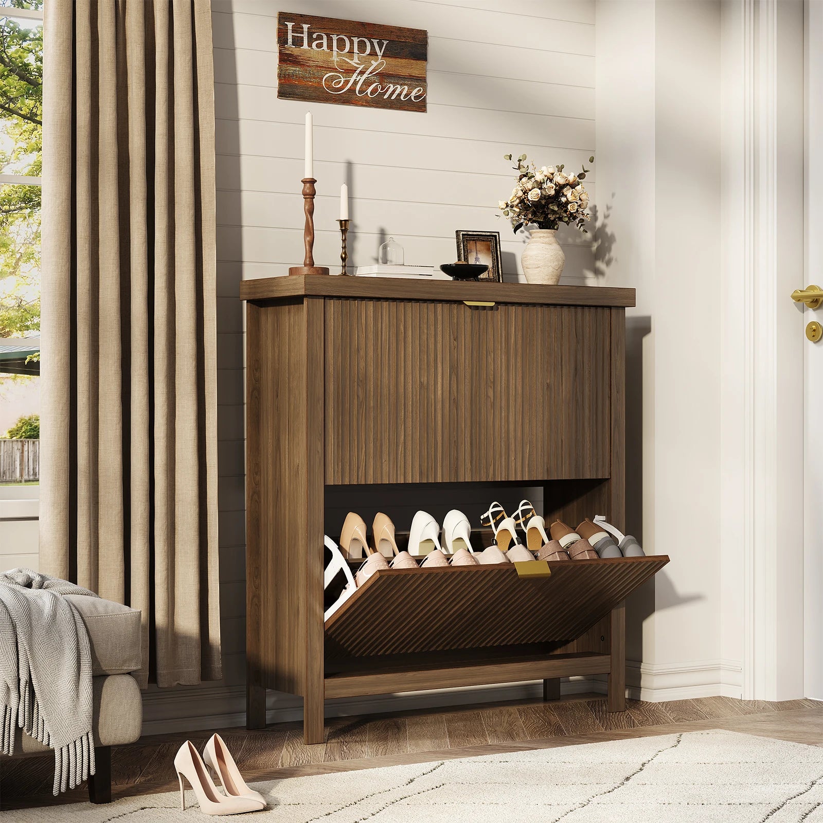 Fluted Shoe Cabinet with 2 Flip Drawers Natural Oak Hide Everyday Shoes in a Slim 9.5-Inch  Fluted Style