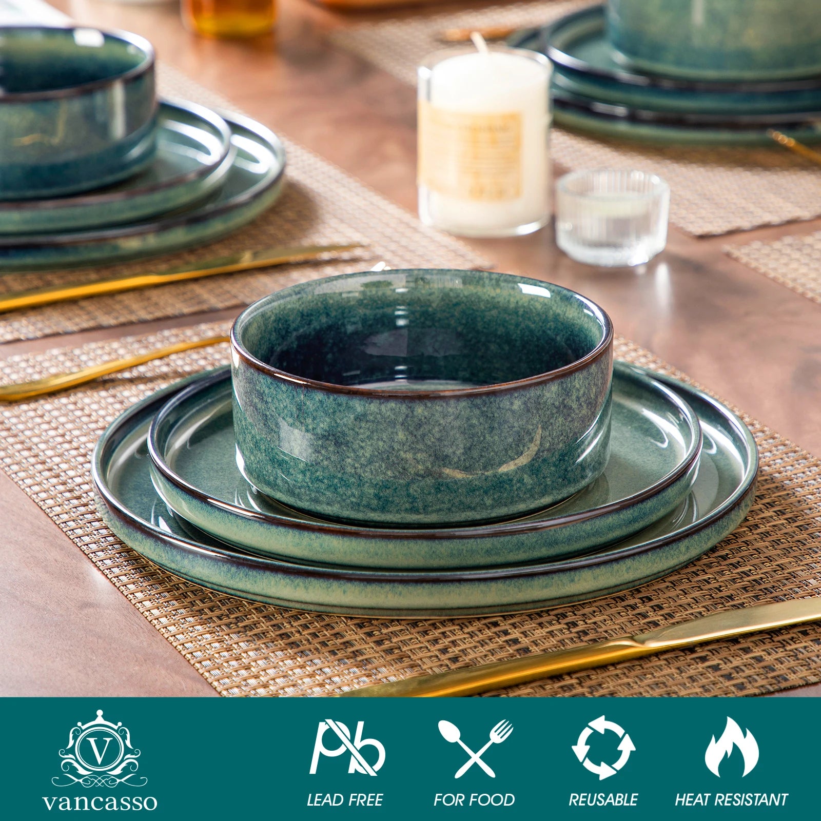 Vancasso 12/24/36 Black Green Reactive Glaze Piece Dinner set Vertical edge 4PCS Dinner Plate/ Dessert/Bowl