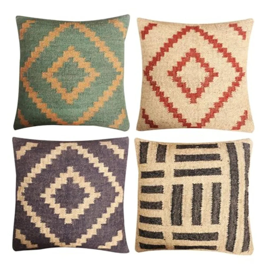 Set of 4 Turkish Handwoven Wool Jute Vintage Kilim Cushion Covers
